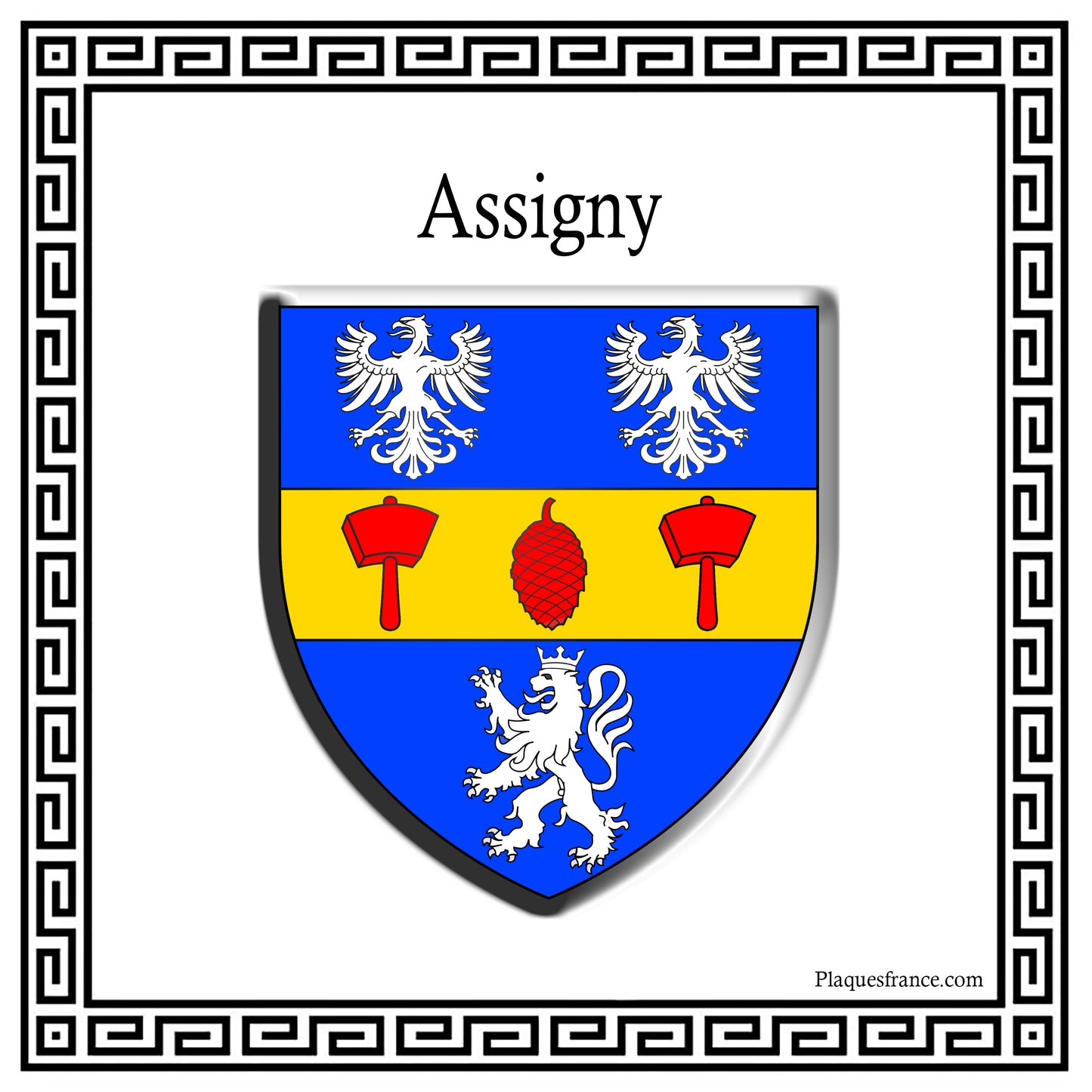 Plaque métal décorative carrée blanche, blason Assigny (76)