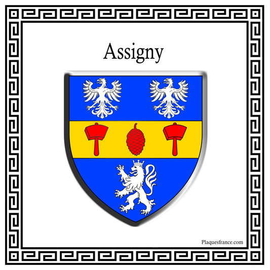 Plaque métal décorative carrée blanche, blason Assigny (76)