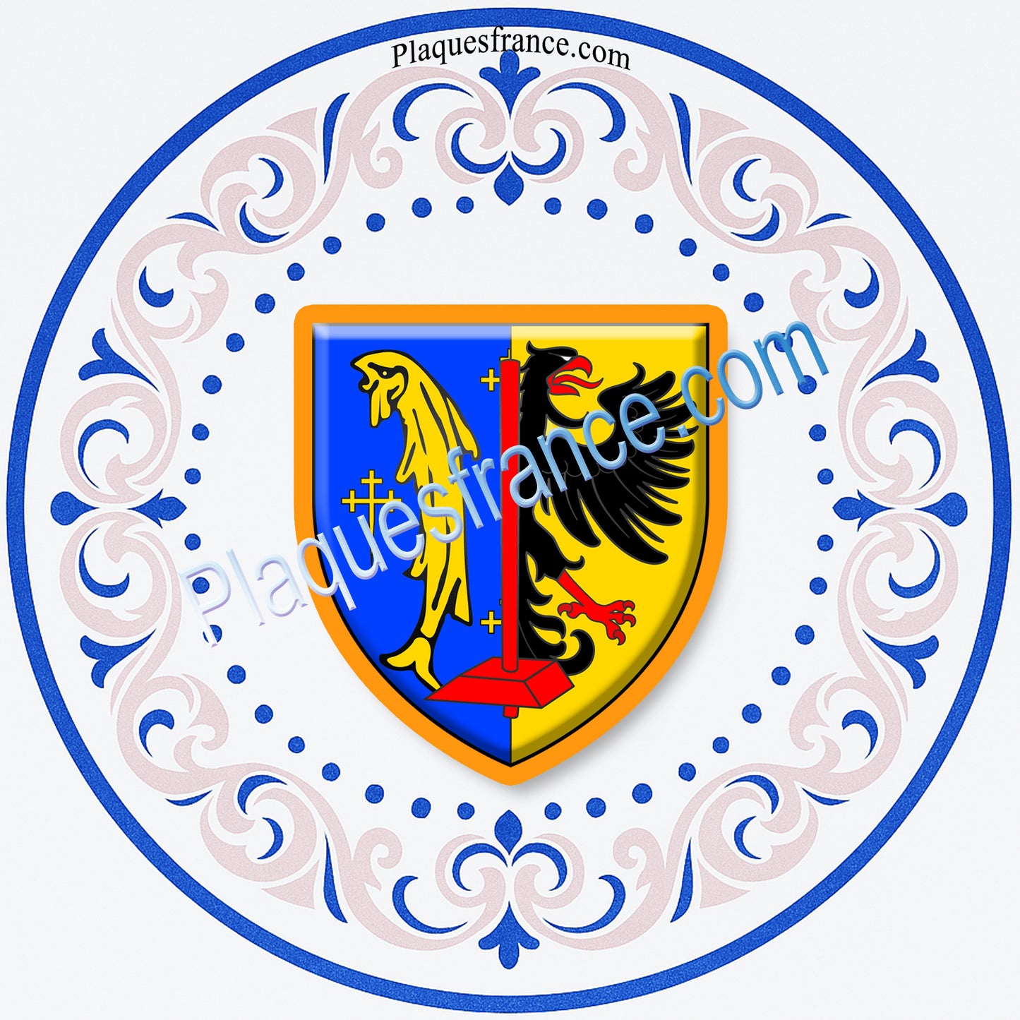 Plaque métal décorative assiette aile lys ronde Ø 30 cm blason Audun-le-Tiche, canton de Algrange, Moselle 57