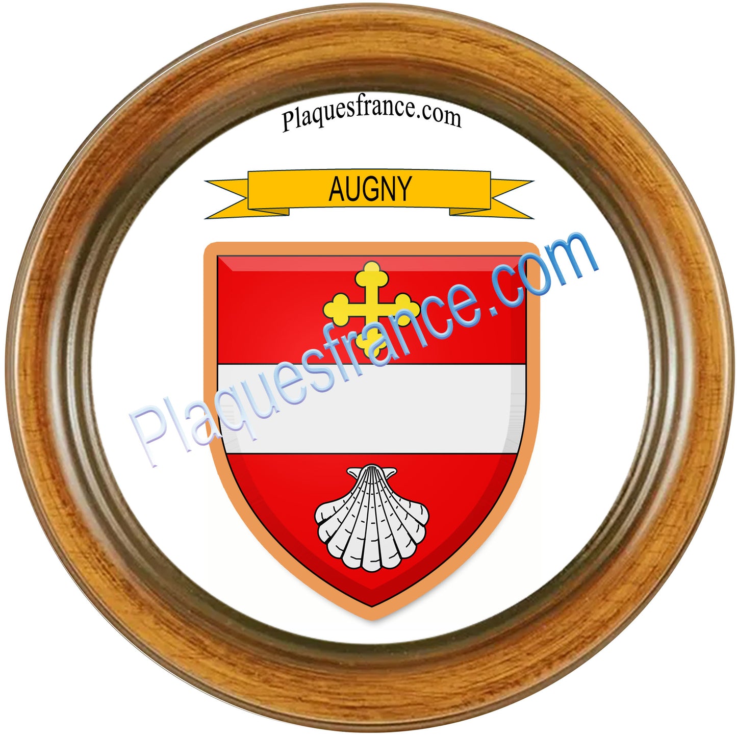 Plaque métal décorative  cadre bois  Ø 30cm  blason Augny, canton Les Coteaux de Moselle 57