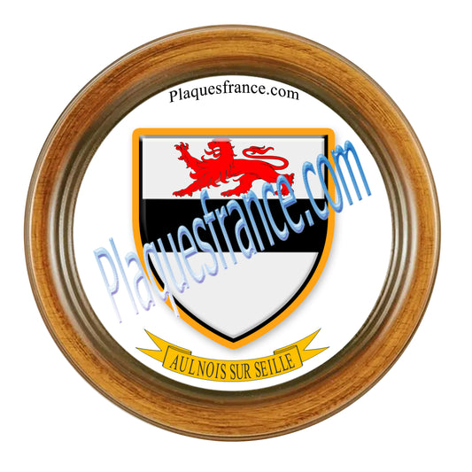 Plaque métal décorative format rond Ø 30 cm cadre bois Aulnois sur Seille, canton du Saulnois, Moselle 57