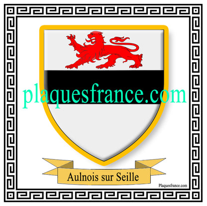 Plaque métal décorative fond blanc carrée 30x30 cm blason de Aulnois-sur-Seille, canton du Saulnois Moselle 57