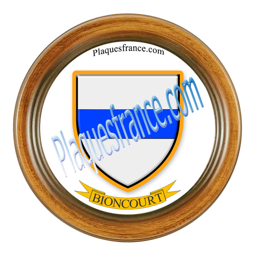 Plaque métal décorative format rond Ø 30 cm cadre bois Bioncourt, canton du Saulnois, Moselle 57