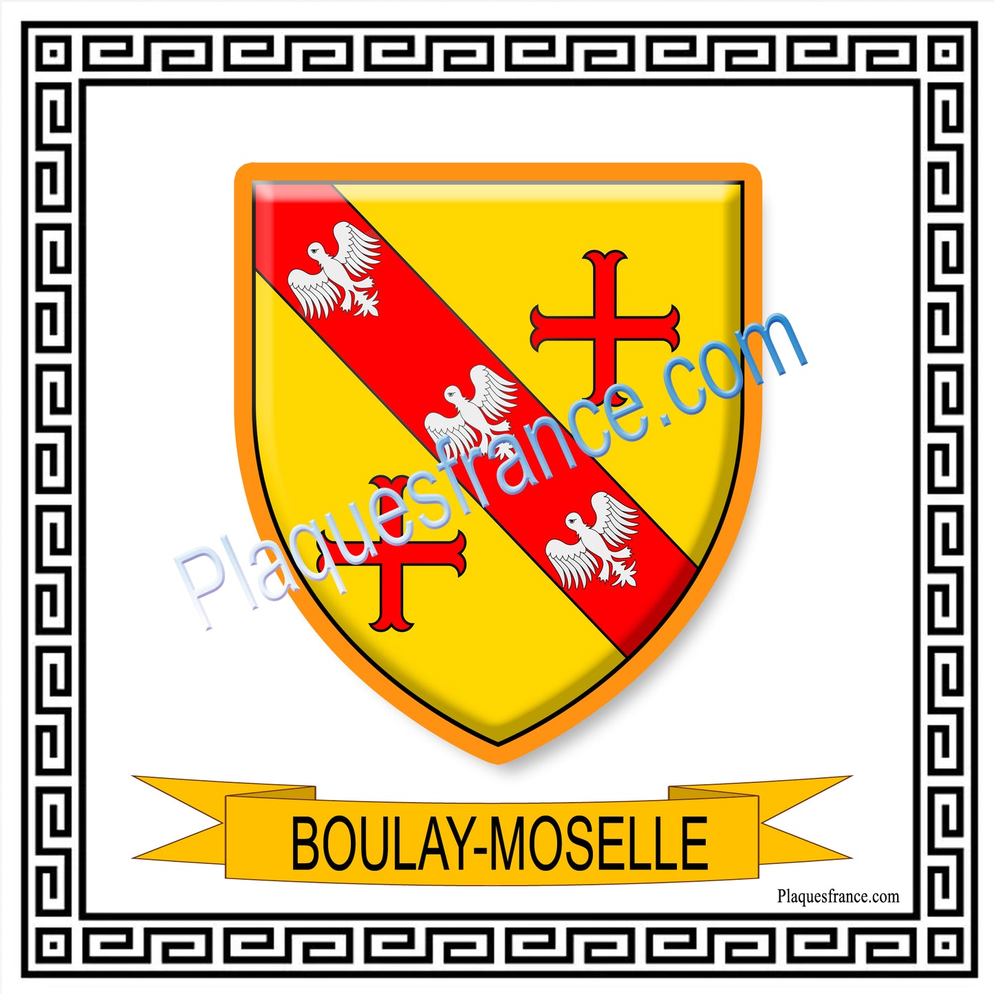 Plaque métal décorative fond blanc  carrée 30 x 30 cm blason Boulay-Moselle, canton de Boulay-Moselle, Moselle 57