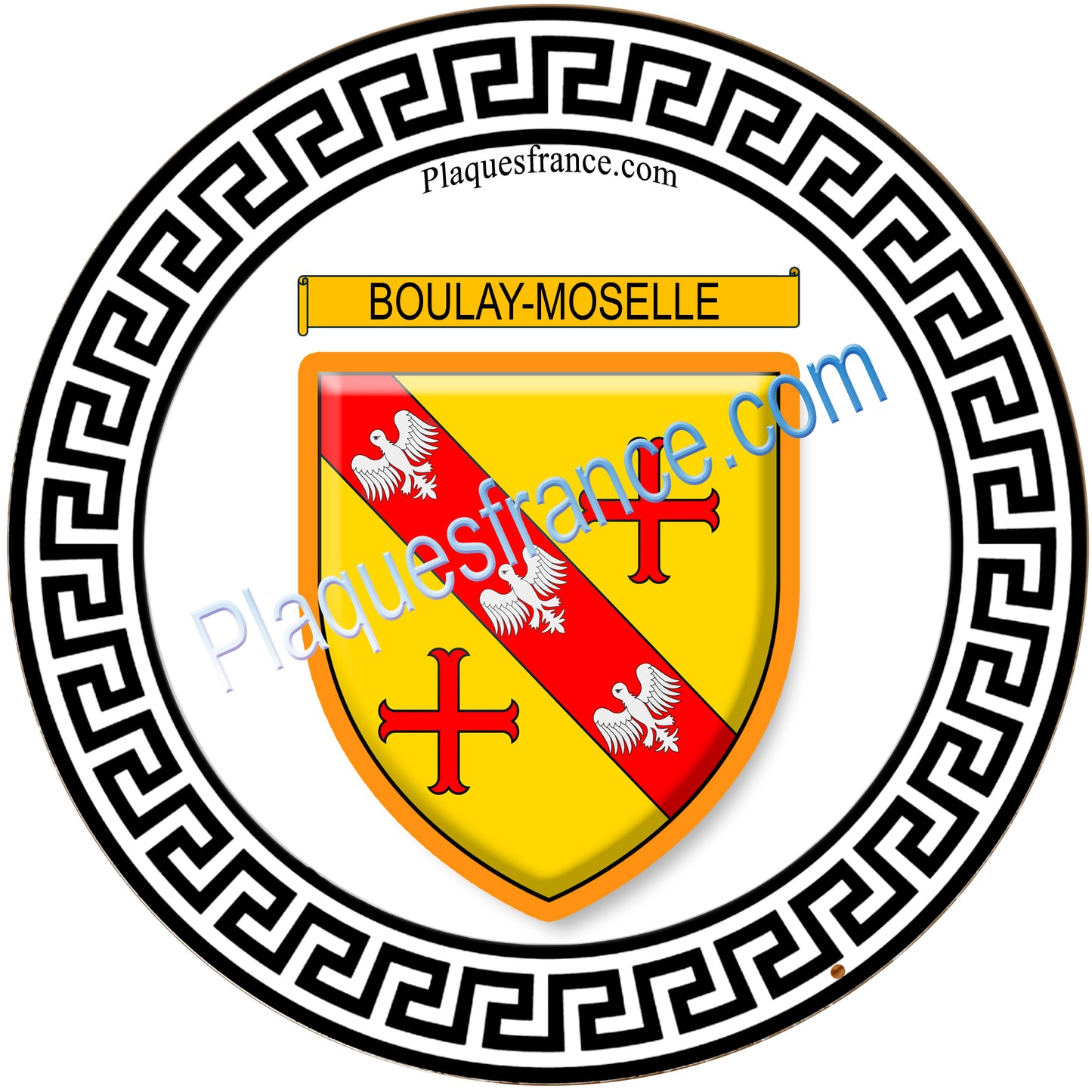 Plaque métal décorative fond blanc  ronde Ø 30 cm blason Boulay-Moselle, canton de Boulay-Moselle, Moselle 57