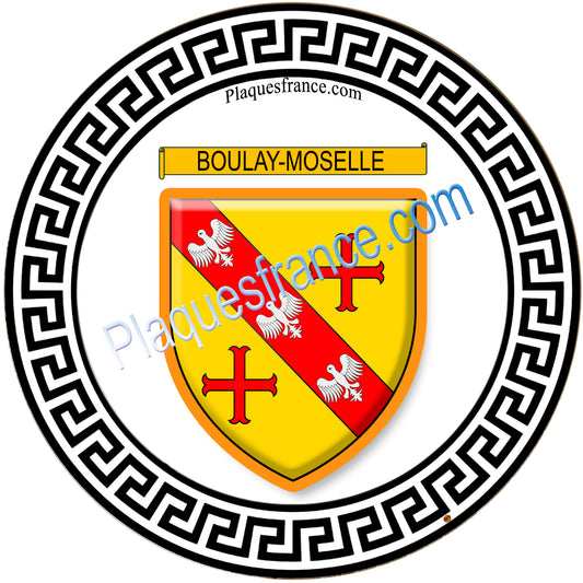 Plaque métal décorative fond blanc  ronde Ø 30 cm blason Boulay-Moselle, canton de Boulay-Moselle, Moselle 57