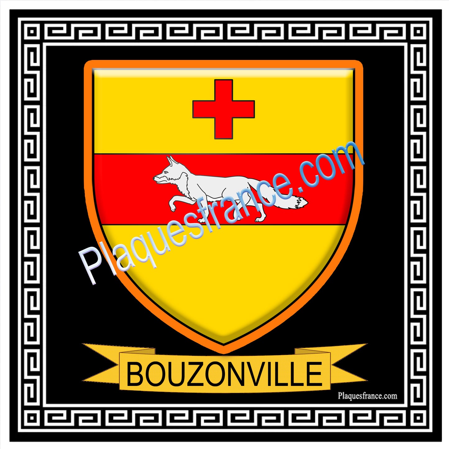Plaque métal décorative fond noir carré 30 x  30 cm blason Bouzonville, canton Bouzonville 57