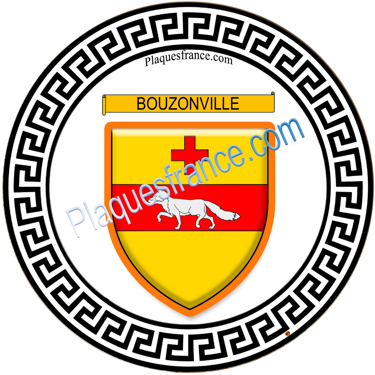 Plaque métal décorative fond blanc rond  Ø 30 cm blason Bouzonville, canton Bouzonville 57