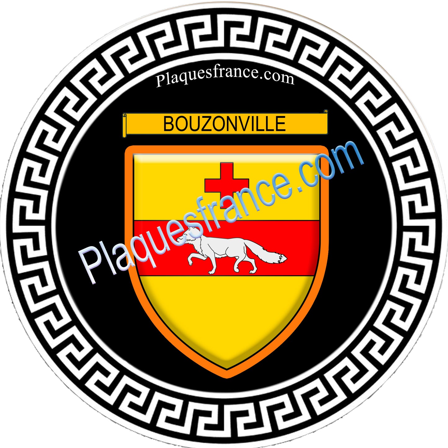 Plaque métal décorative fond noir rond  Ø 30 cm blason Bouzonville, canton Bouzonville 57