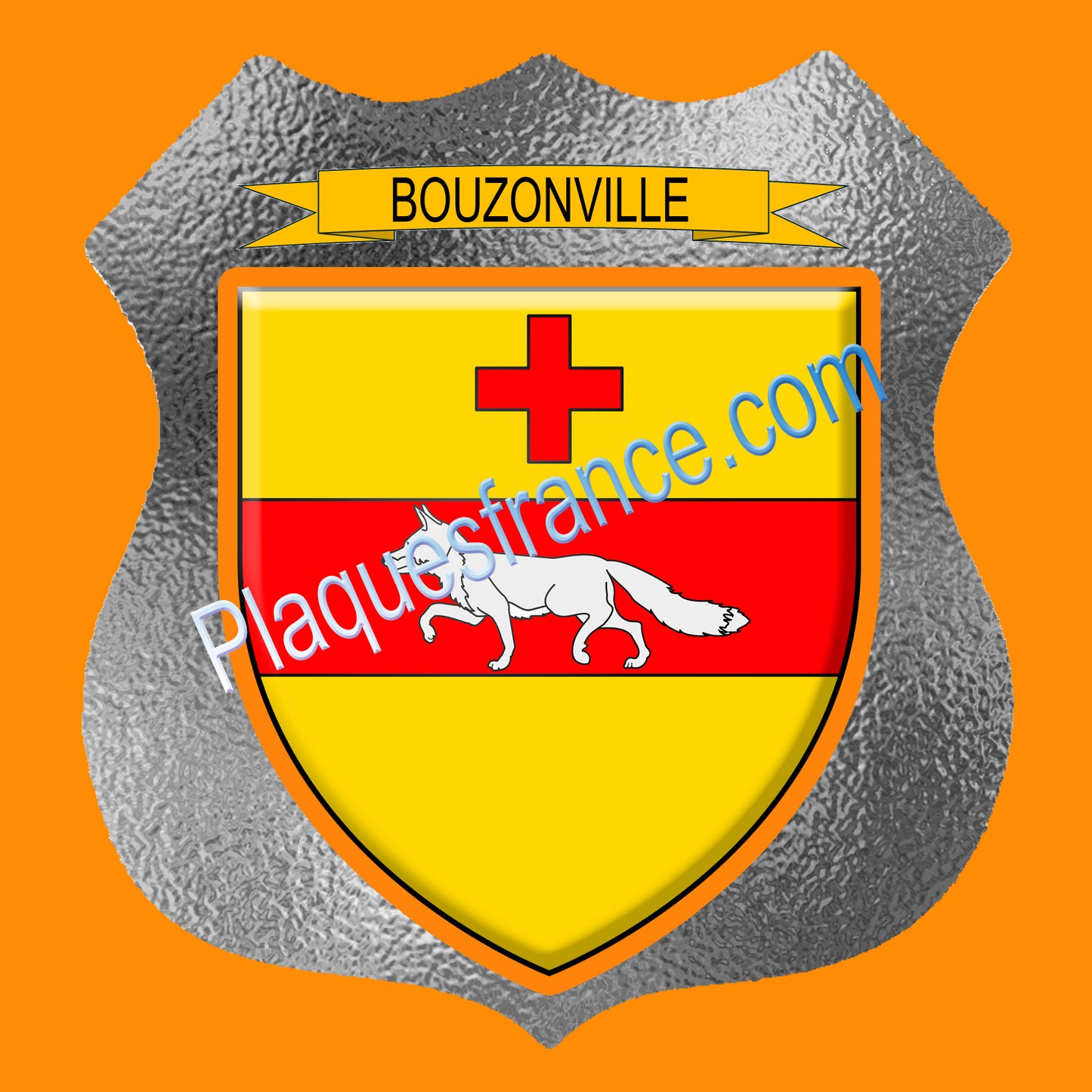 Plaque métal décorative écusson fond plaques verre dépoli  Ø 30cm  blason Bouzonville, canton Bouzonville 57