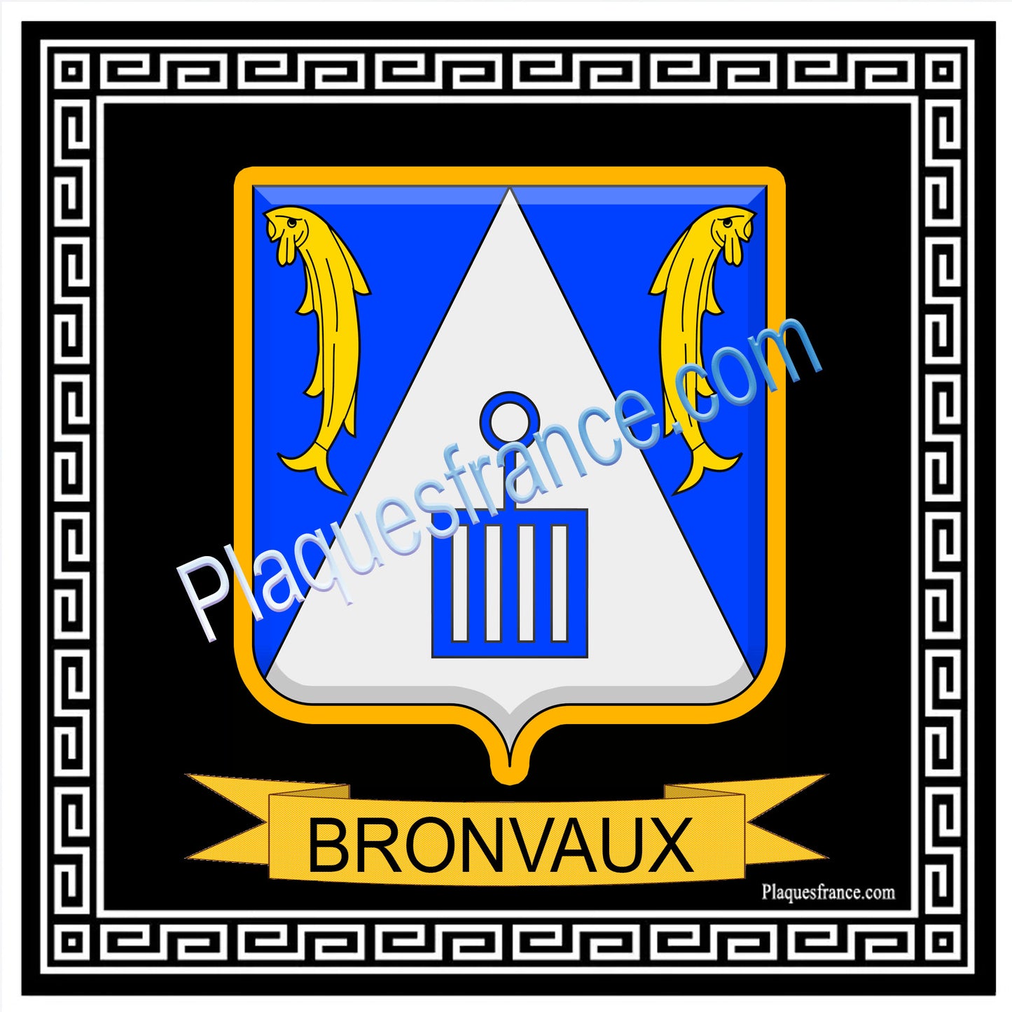Plaque métal décorative fond noir carré 30 x 30cm  blason Bronvaux, canton Rombas 57