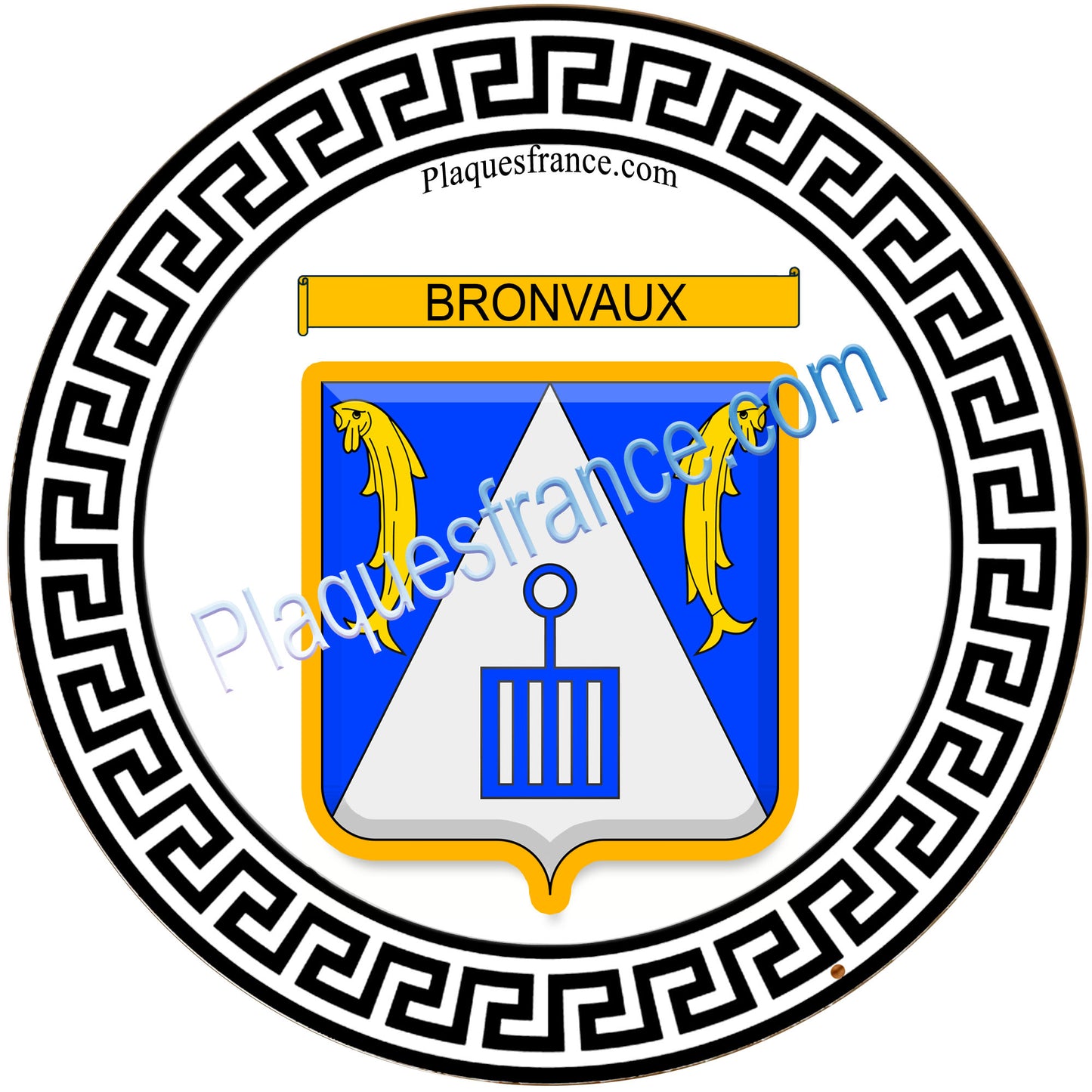 Plaque métal décorative fond blanc ronde Ø 30cm  blason Bronvaux, canton Rombas 57