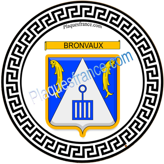 Plaque métal décorative fond blanc ronde Ø 30cm  blason Bronvaux, canton Rombas 57