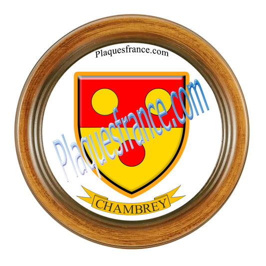 Plaque métal décorative format rond Ø 30 cm cadre bois Chambrey, canton du Saulnois, Moselle 57