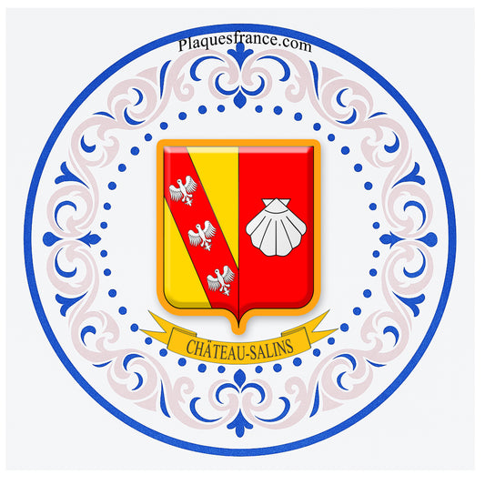 Plaque métal décorative aile lys ronde Ø 30 cm blason Château-Salins, canton du Saulnois Moselle 57