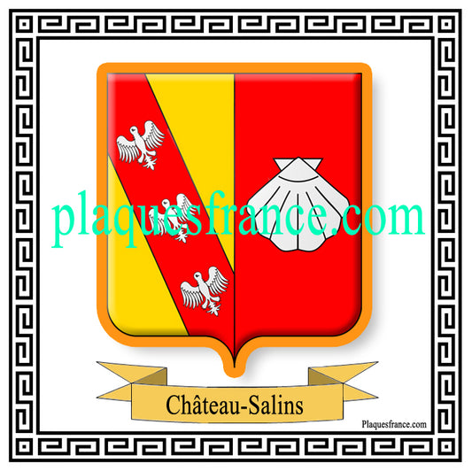 Plaque métal décorative fond blanc carrée 30x30 cm blason de Château-Salins, canton du Saulnois Moselle 57