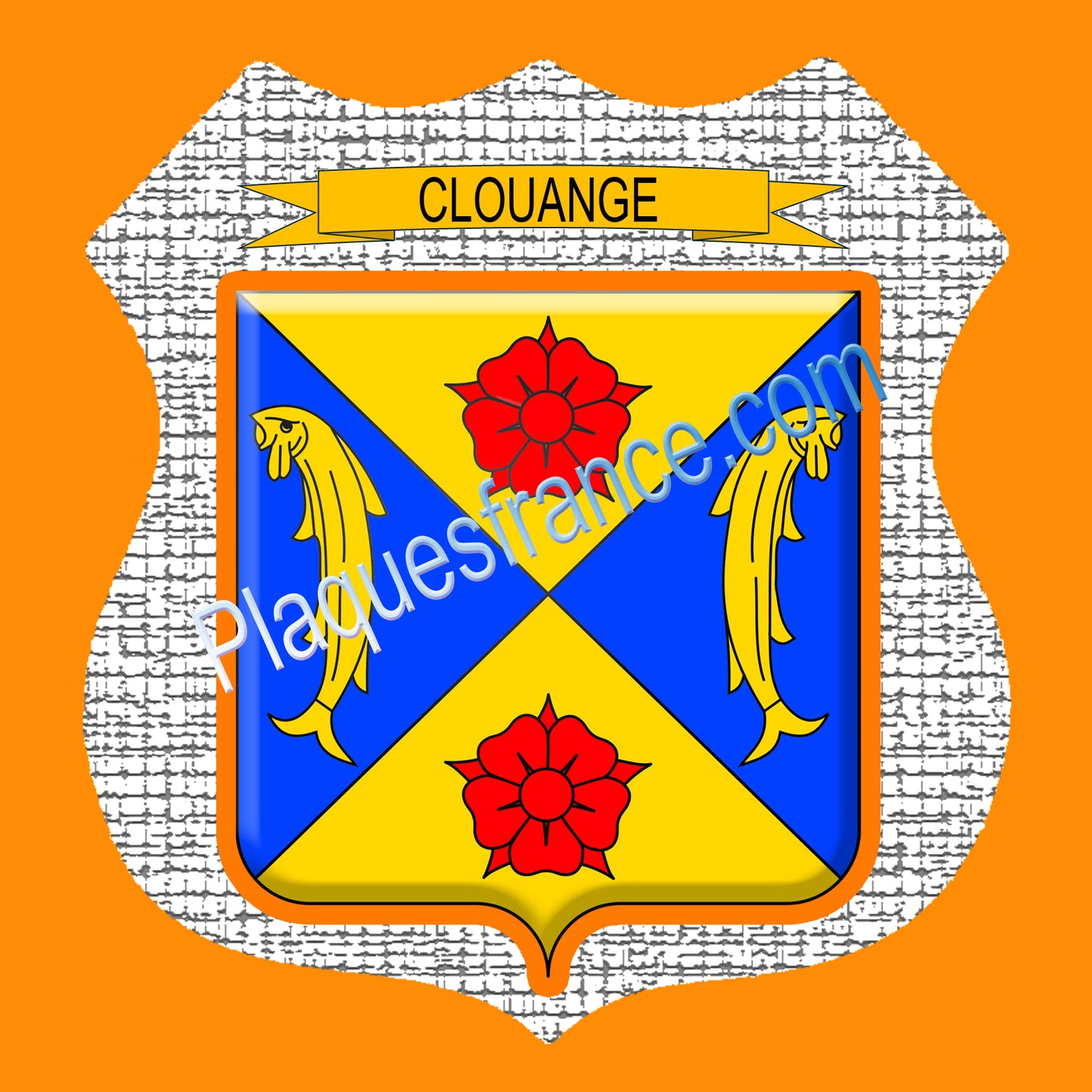 Plaque métal décorative format écusson Ø 30cm fond craquelures blason Clouange, Moselle 57