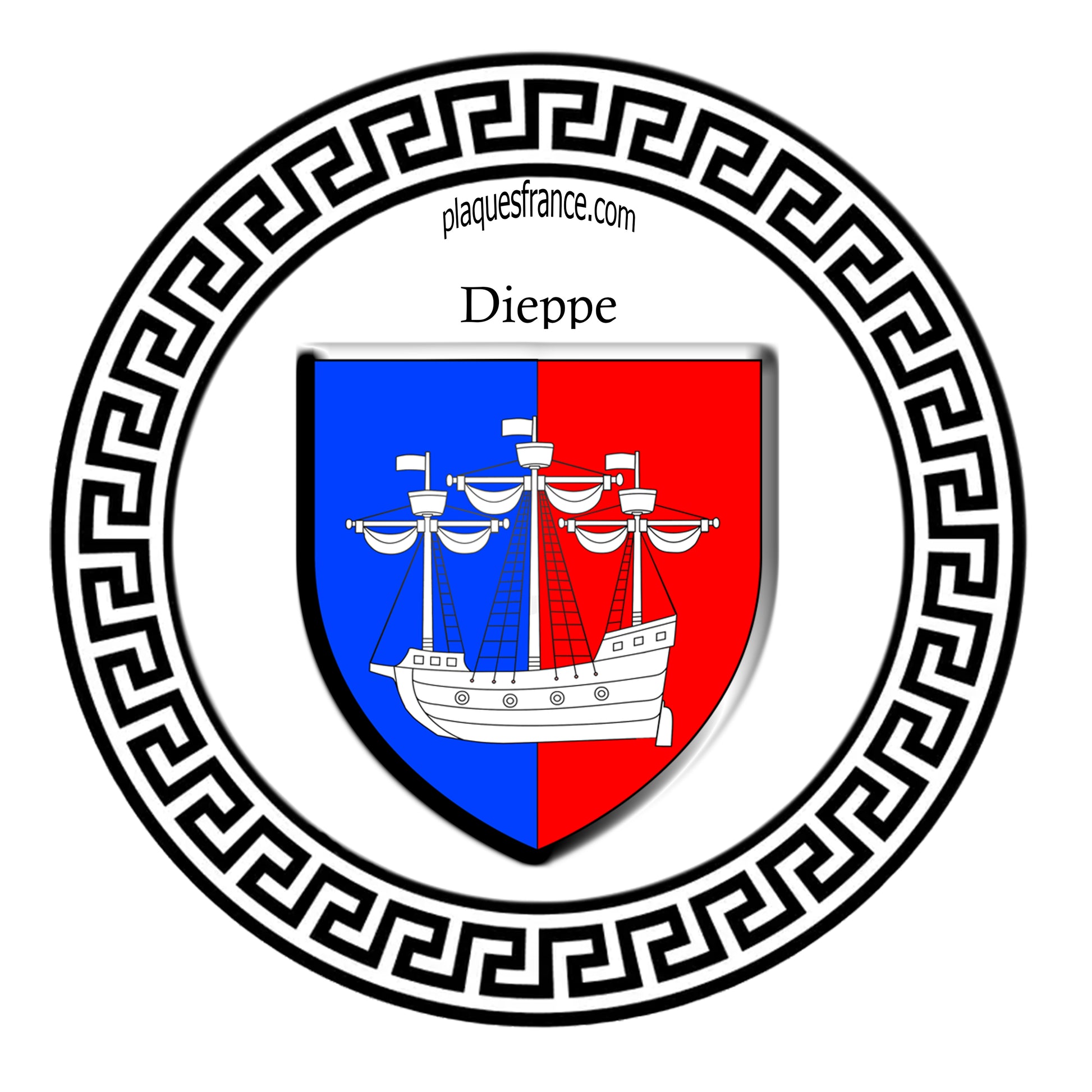 Plaque métal décorative ronde blanche Ø 30 cm blason Dieppe, Seine Maritime (76)