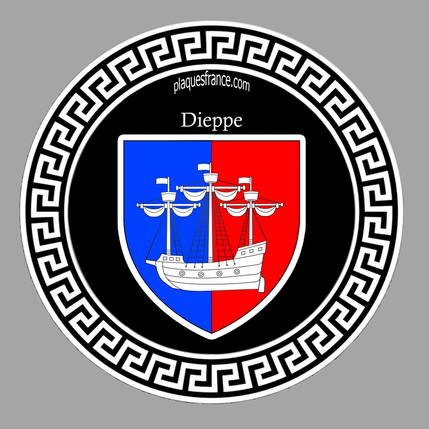 Plaque métal décorative ronde noire Ø 30 cm blason Dieppe, Seine Maritime (76)