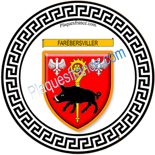 Plaque métal décorative fond blanc ronde Ø 30 cm blason Farébersviller, canton de Freyming-Merlebach, Moselle 57