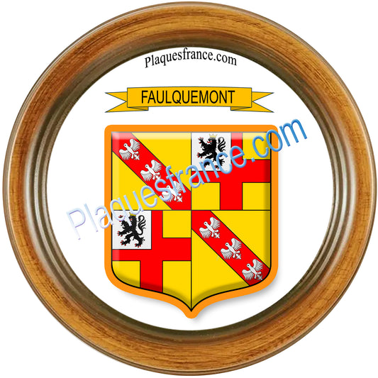 Plaque métal décorative cadre bois Ø 30 cm blason Faulquemont, canton Faulquemont 57