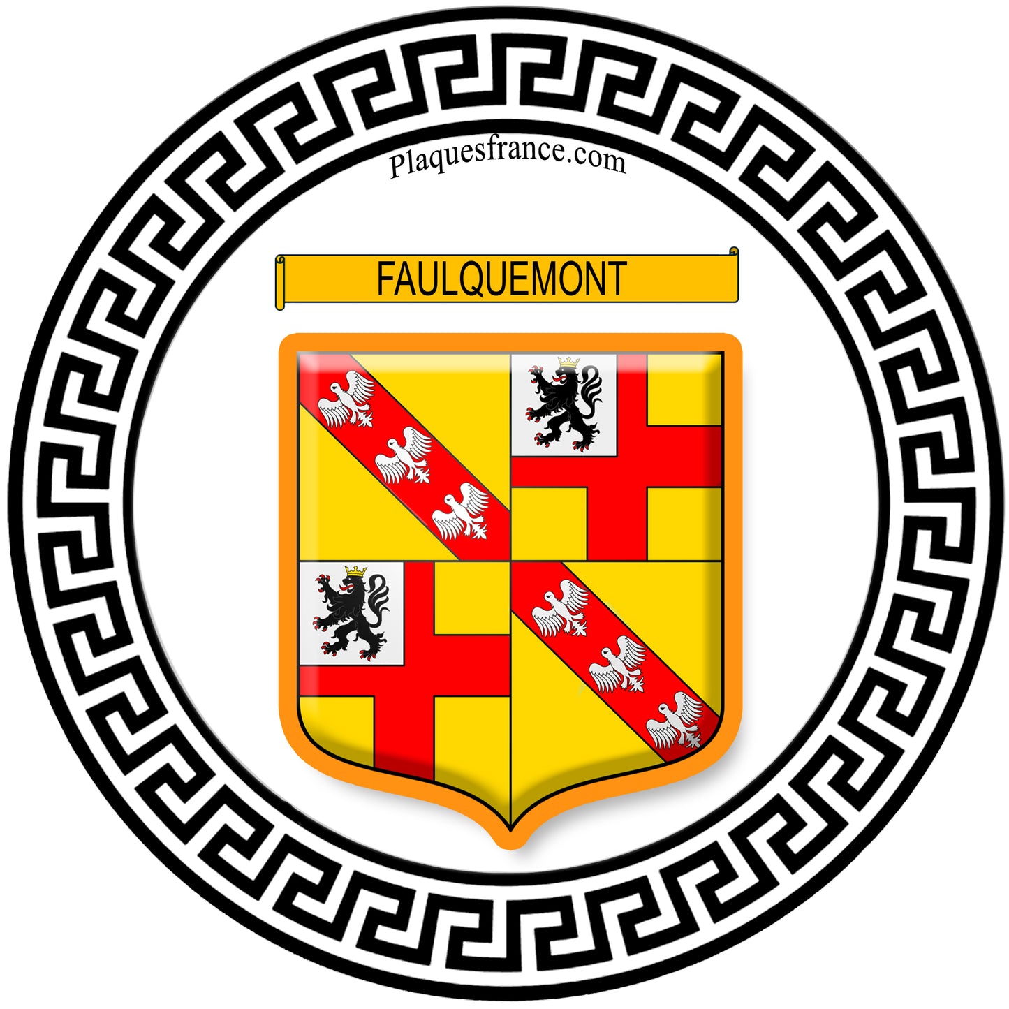 Plaque métal décorative fond blanc rond Ø 30 cm blason Faulquemont, canton Faulquemont 57