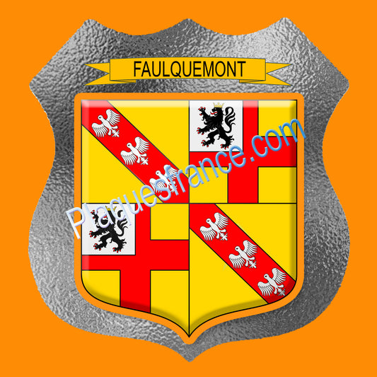 Plaque métal décorative écusson fond verre dépoli Ø 30cm  blason Faulquemont, canton Faulquemont 57 (Copie)