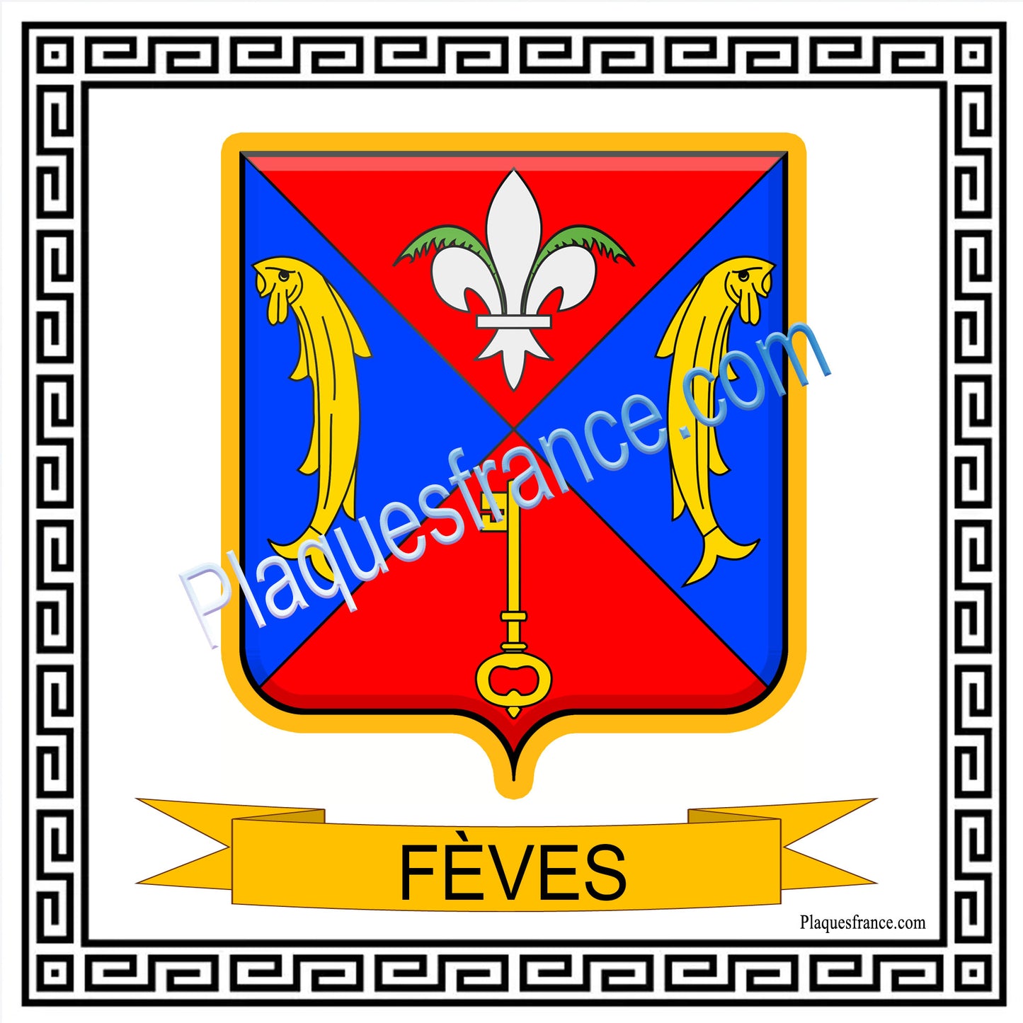Plaque métal décorative fond blanc carré 30 x 30cm  blason Fèves, canton Rombas 57