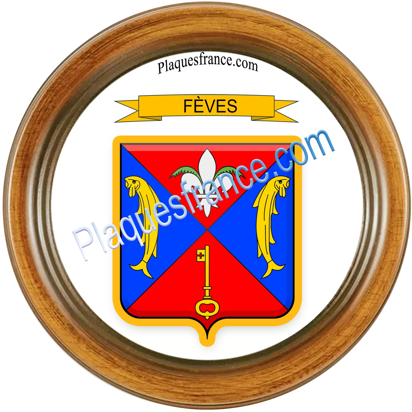 Plaque métal décorative cadre bois rond Ø 30cm  blason Fèves, canton Rombas 57