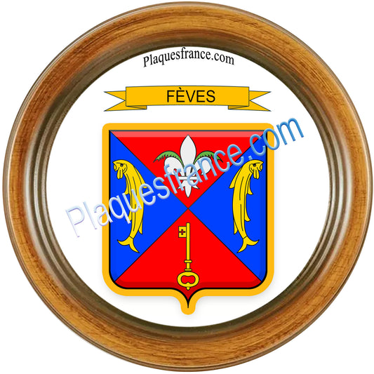 Plaque métal décorative cadre bois rond Ø 30cm  blason Fèves, canton Rombas 57
