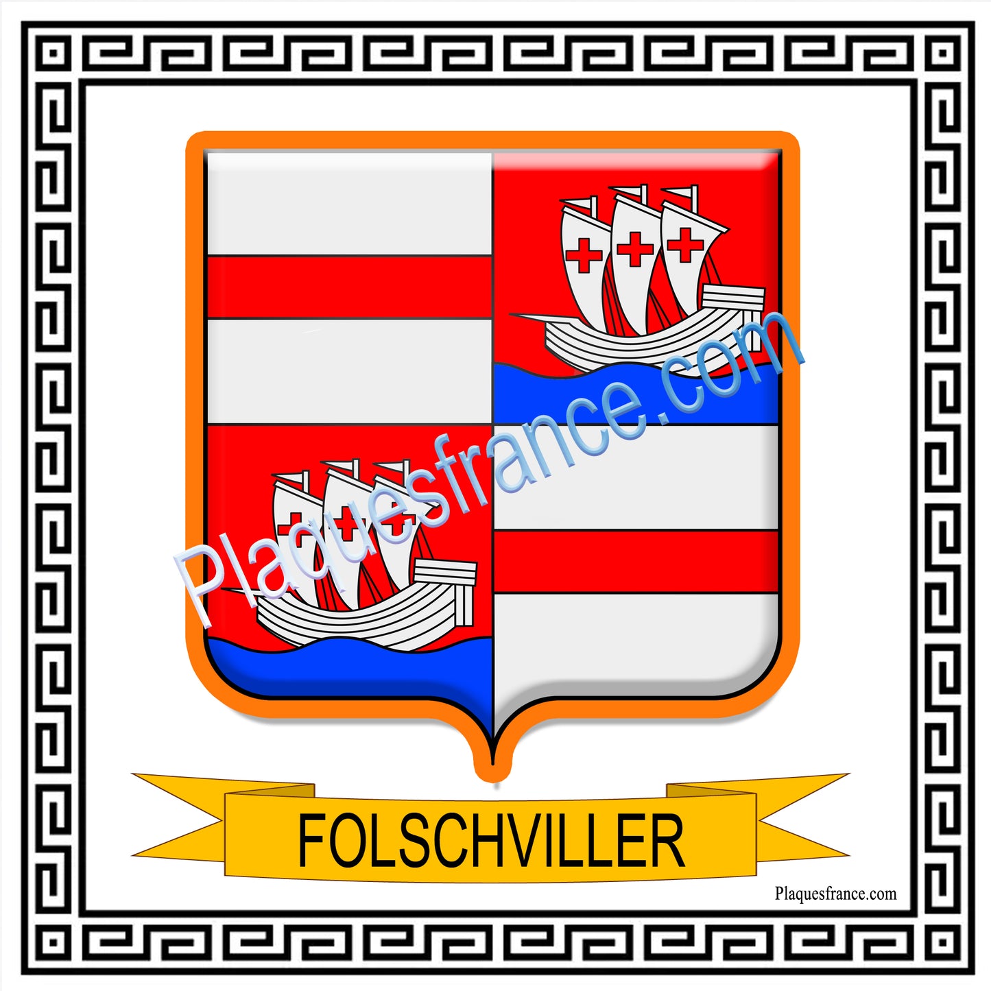 Plaque métal décorative fond carré blanc 30 x 30 cm blason Folschviller, canton Saint-Avold 57