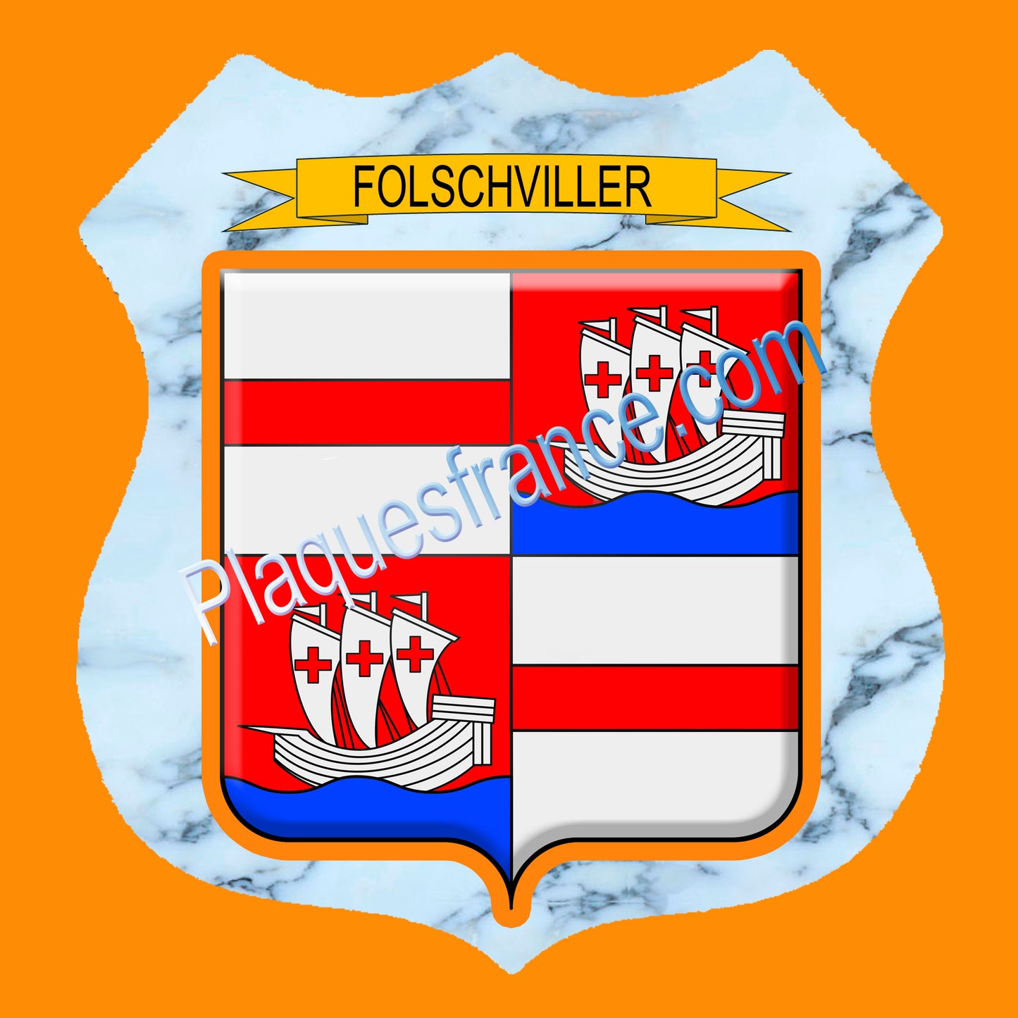 Plaque métal décorative écusson fond marbre  Ø 30cm  blason Folschviller, canton Saint-Avold 57