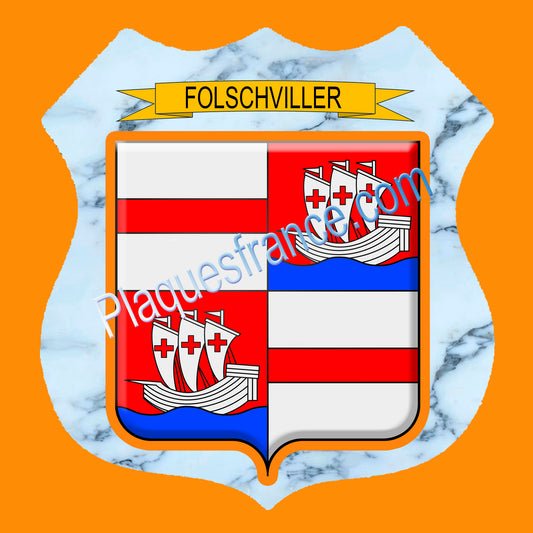 Plaque métal décorative écusson fond marbre  Ø 30cm  blason Folschviller, canton Saint-Avold 57