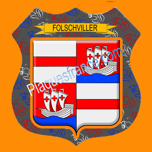 Plaque métal décorative écusson fond marianne Ø 30cm  blason Folschviller, canton Saint-Avold 57
