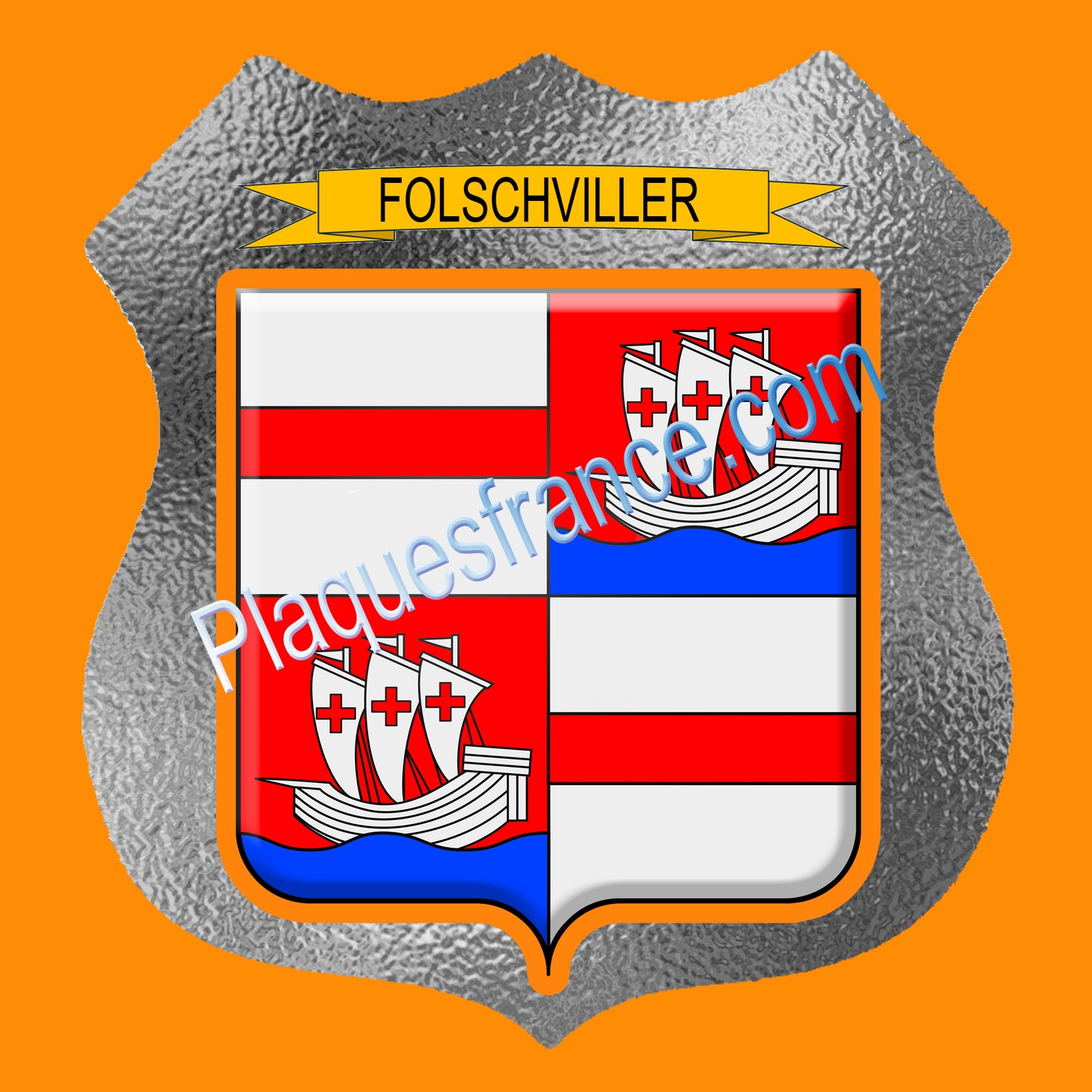 Plaque métal décorative écusson fond verre dépoli  Ø 30cm  blason Folschviller, canton Saint-Avold 57