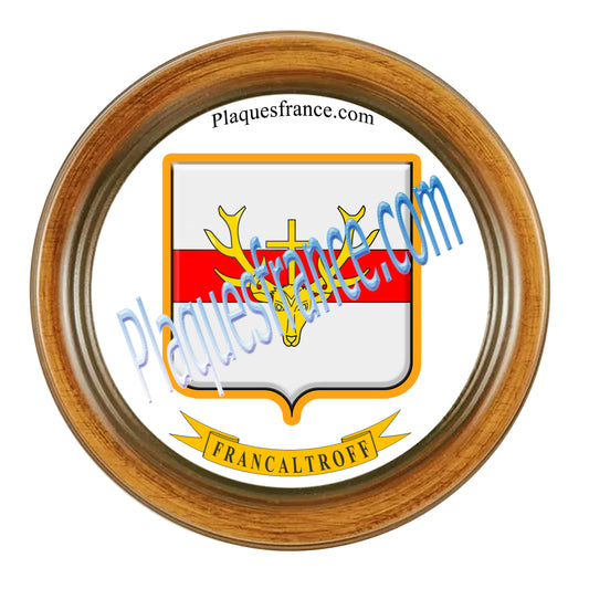 Plaque métal décorative format rond Ø 30 cm cadre bois Francaltroff, canton du Saulnois, Moselle 57