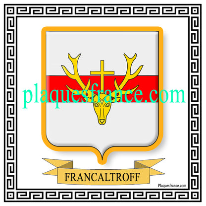 Plaque métal décorative fond blanc carrée 30x30 cm blason de Francaltroff, canton du Saulnois Moselle 57