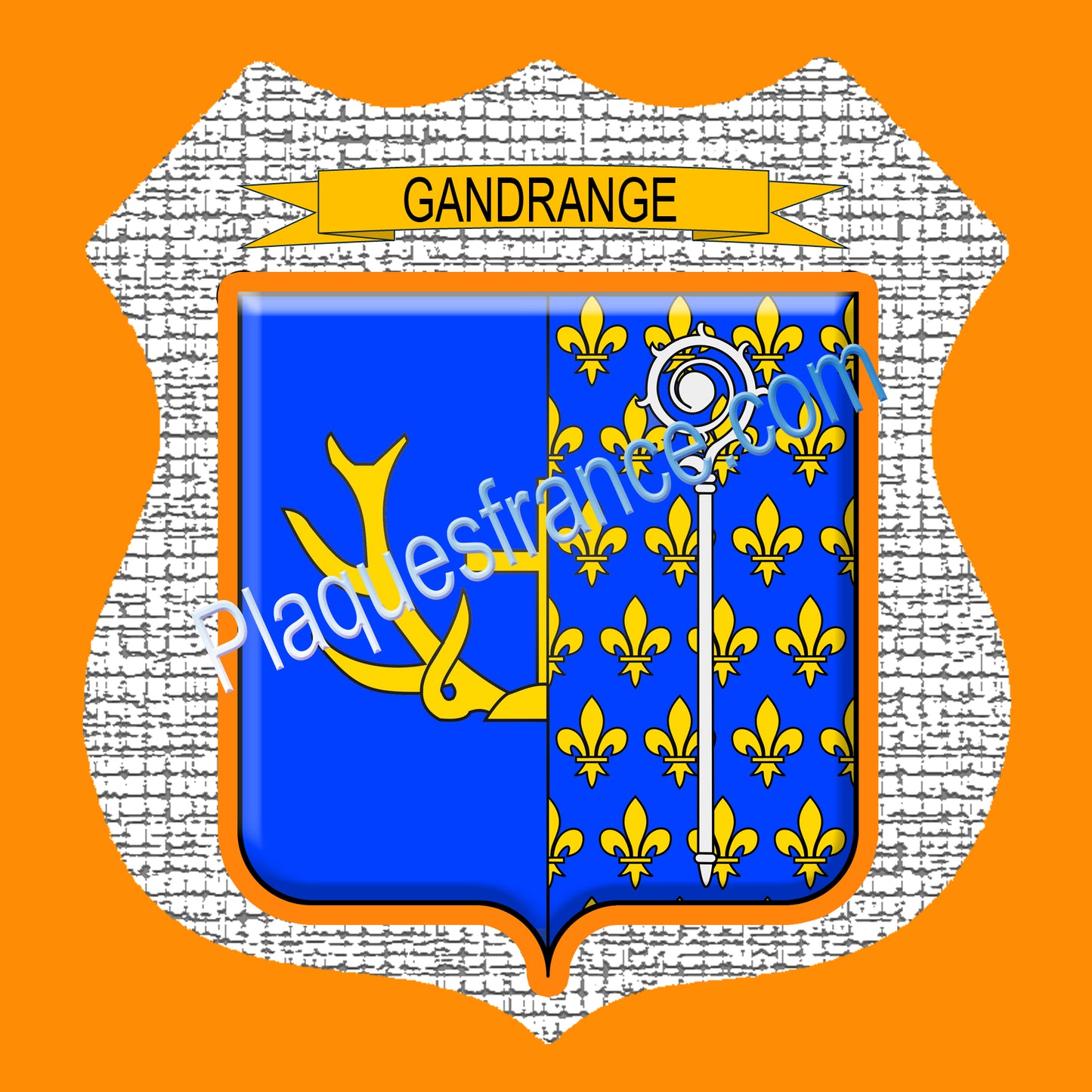 Plaque métal décorative écusson fond craquelures  Ø 30cm  blason Gandrange, canton Hayange 57