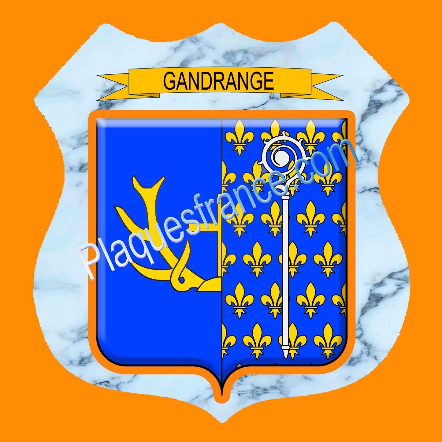 Plaque métal décorative écusson fond marbre  Ø 30cm  blason Gandrange, canton Hayange 57