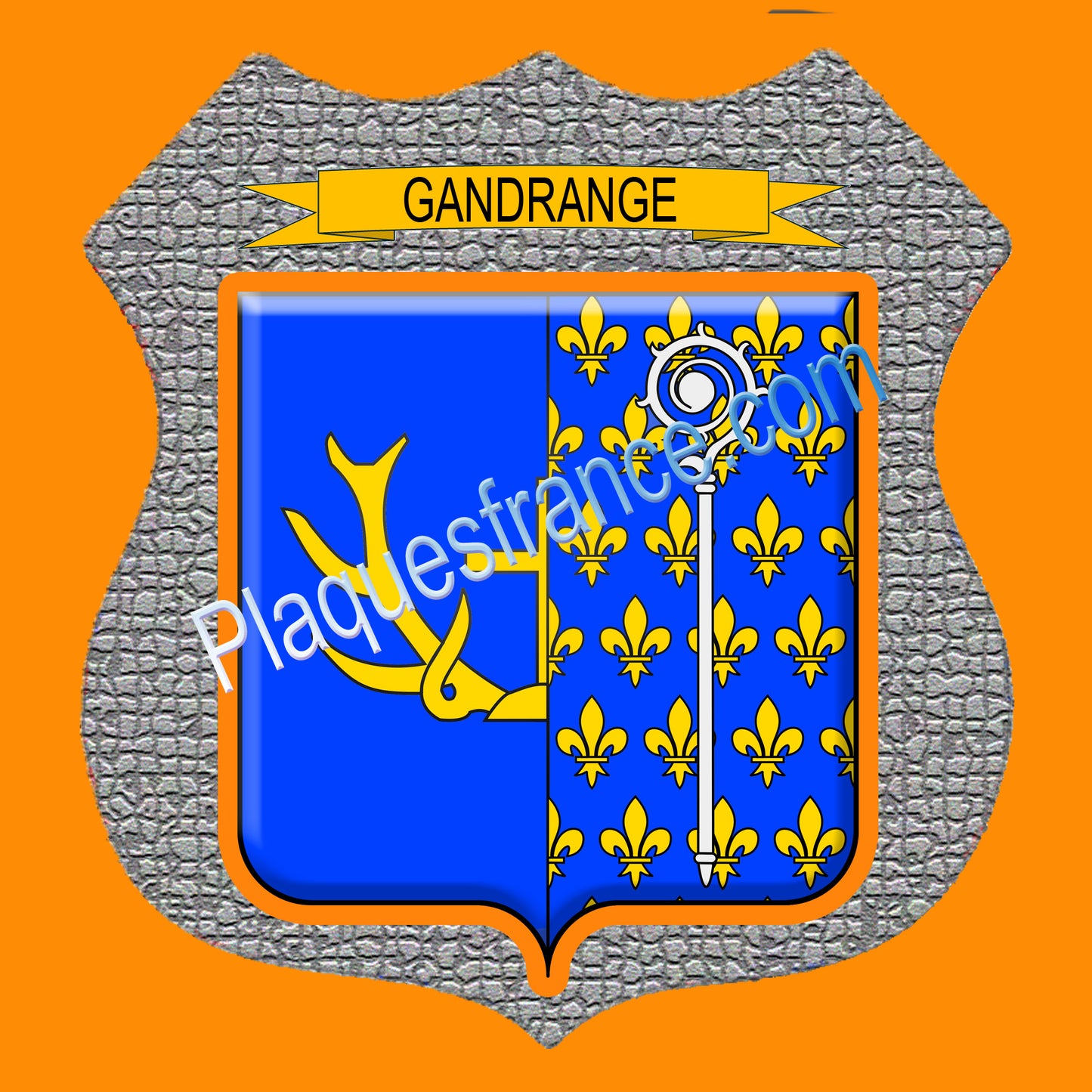 Plaque métal décorative écusson fond mozaique  Ø 30cm  blason Gandrange, canton Hayange 57