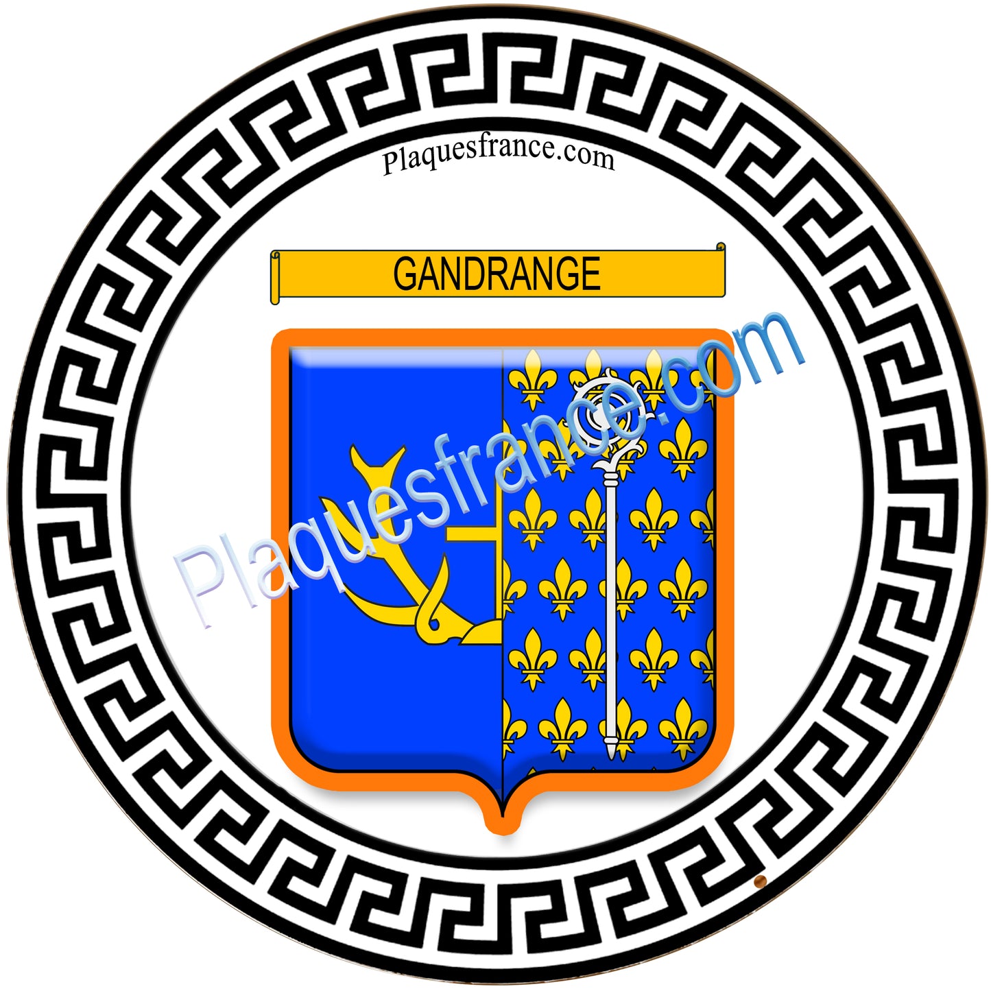 Plaque métal décorative fond rond blanc Ø 30 cm blason Gandrange, canton Hayange 57