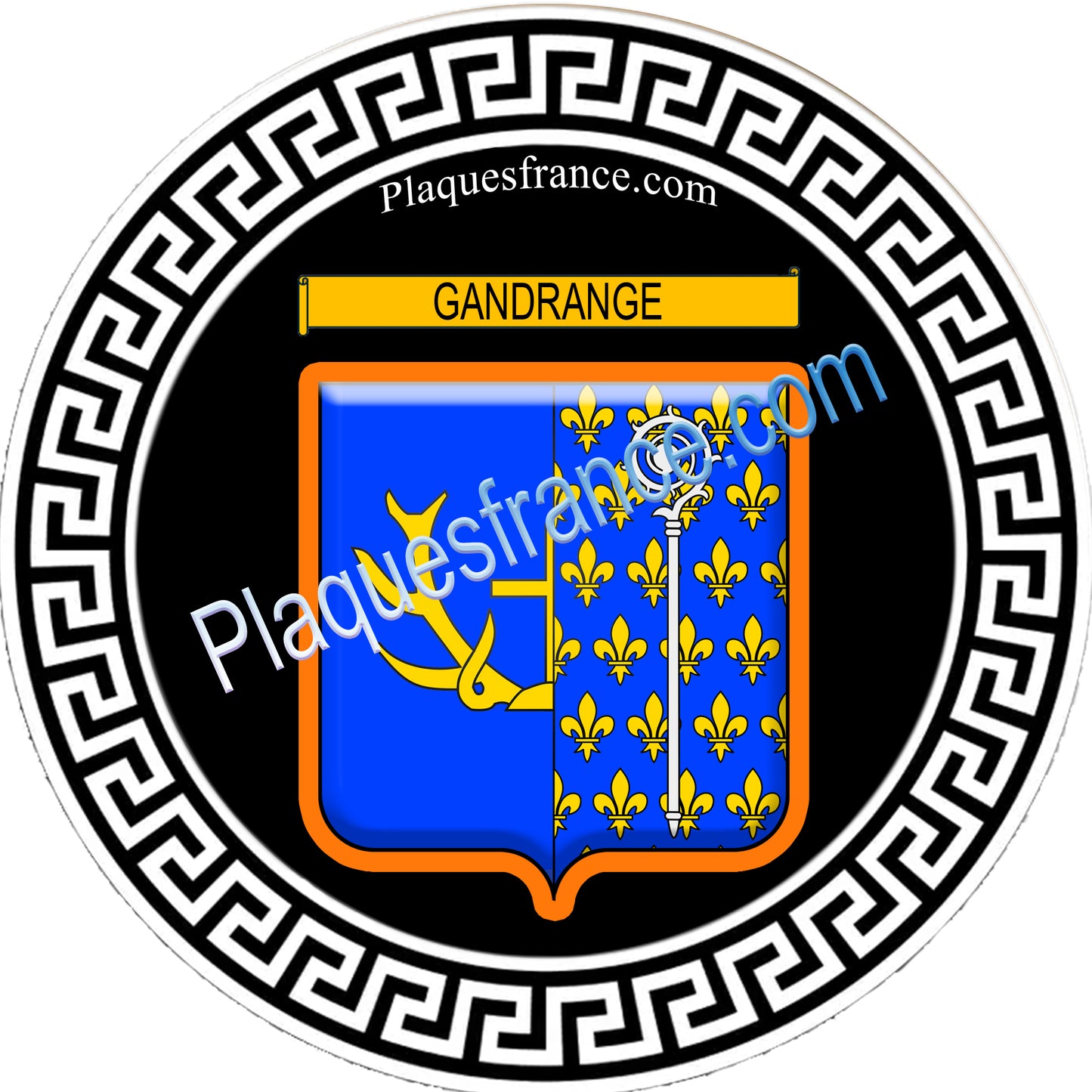 Plaque métal décorative fond rond noir Ø 30 cm blason Gandrange, canton Hayange 57