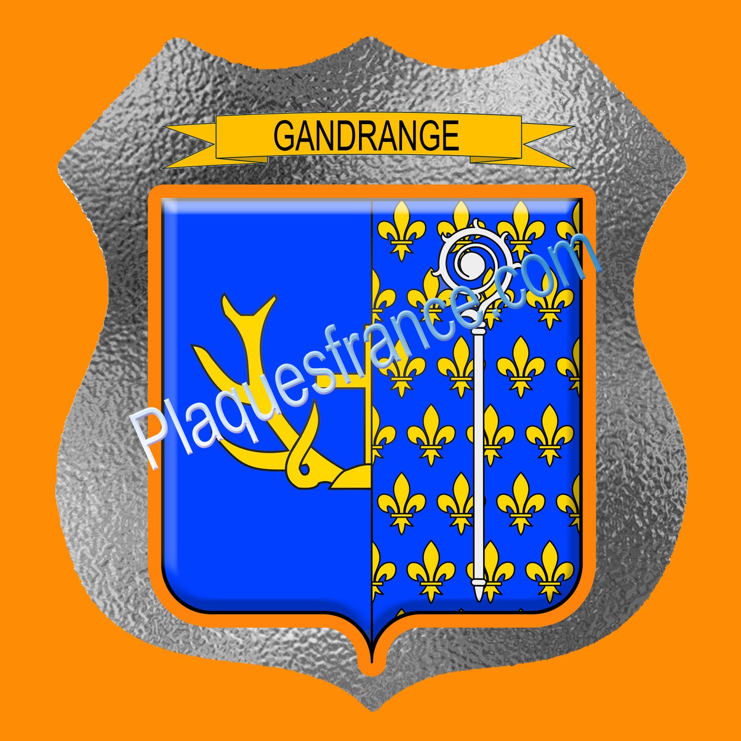 Plaque métal décorative écusson fond verre dépoli  Ø 30cm  blason Gandrange, canton Hayange 57