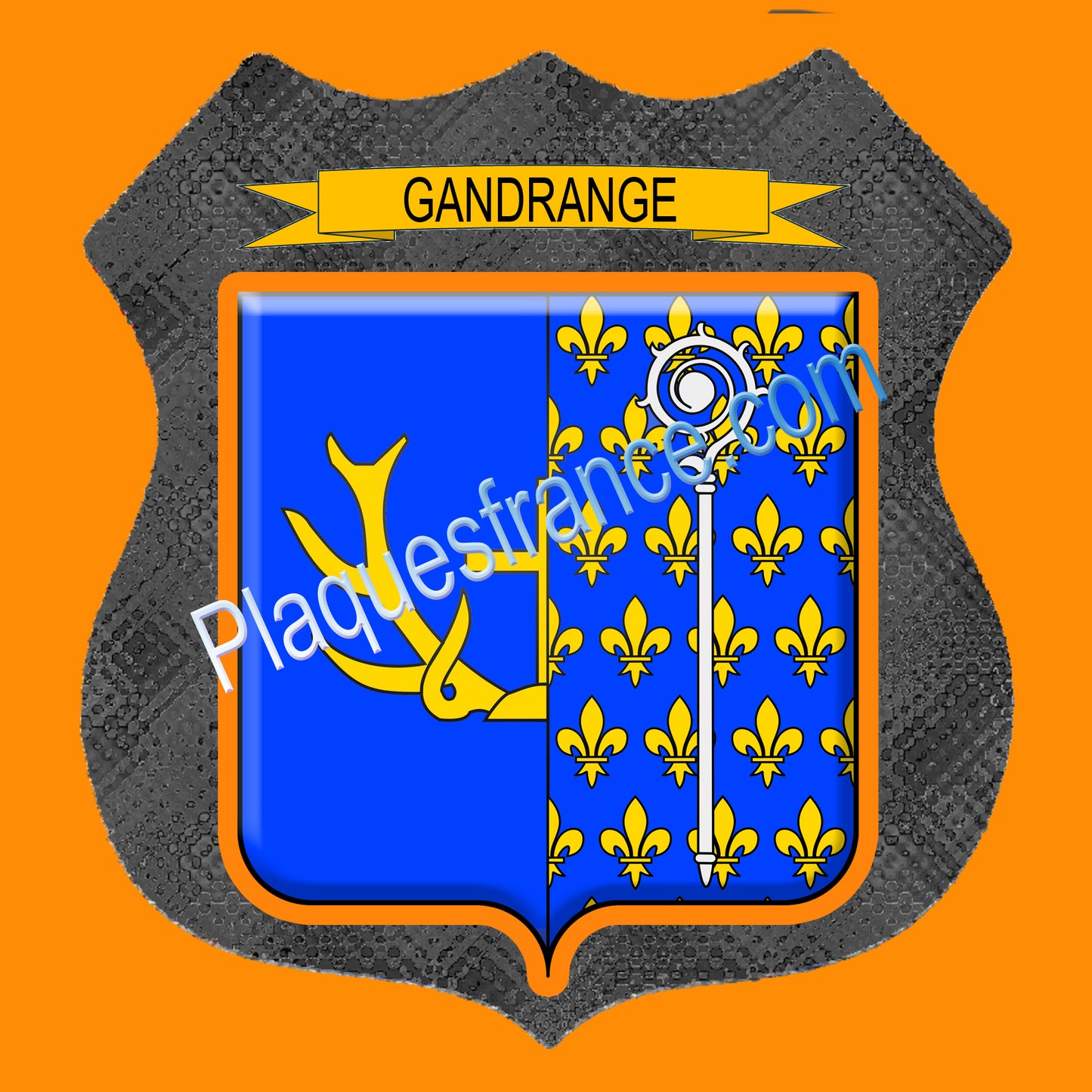 Plaque métal décorative écusson fond verre+métal  Ø 30cm  blason Gandrange, canton Hayange 57