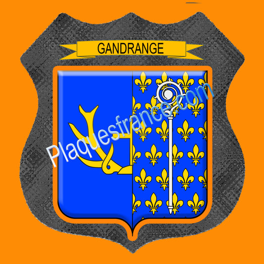 Plaque métal décorative écusson fond verre+métal  Ø 30cm  blason Gandrange, canton Hayange 57