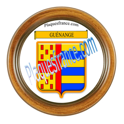 Plaque métal décorative cadre bois ronde Ø 30 cm blason Guénange, canton de Metzervisse, Moselle 57