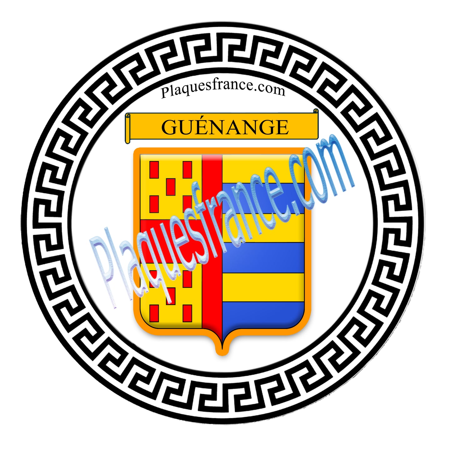 Plaque métal décorative fond blanc ronde Ø 30 cm blason Guénange, canton de Metzervisse, Moselle 57