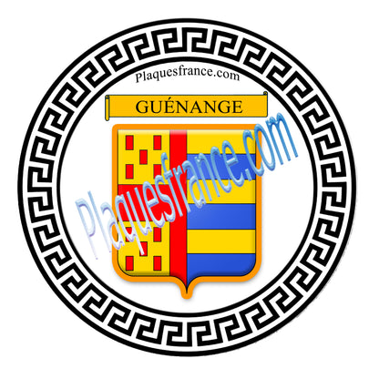 Plaque métal décorative fond blanc ronde Ø 30 cm blason Guénange, canton de Metzervisse, Moselle 57