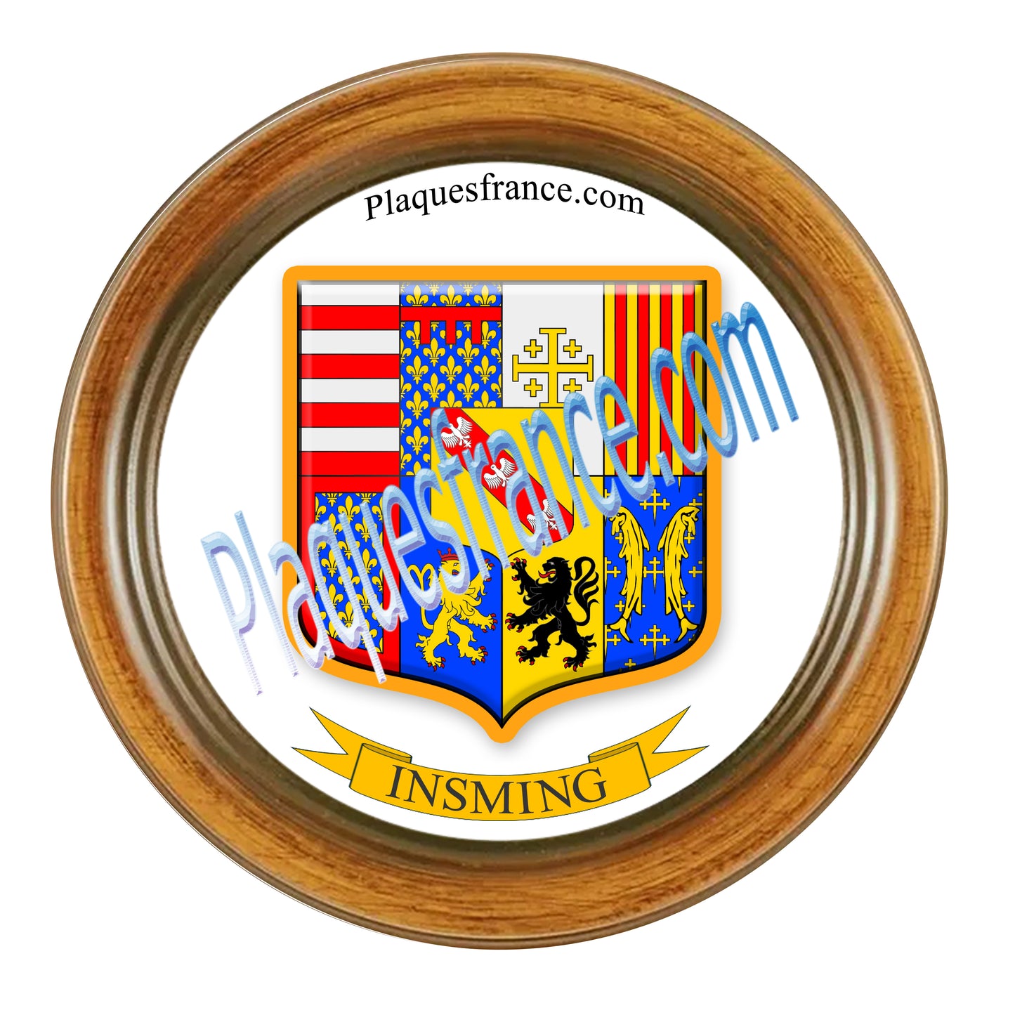 Plaque métal décorative format rond Ø 30 cm cadre bois Insming, canton du Saulnois, Moselle 57