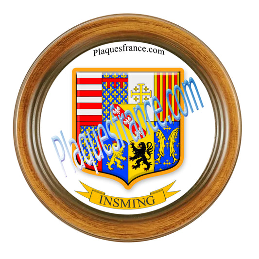 Plaque métal décorative format rond Ø 30 cm cadre bois Insming, canton du Saulnois, Moselle 57